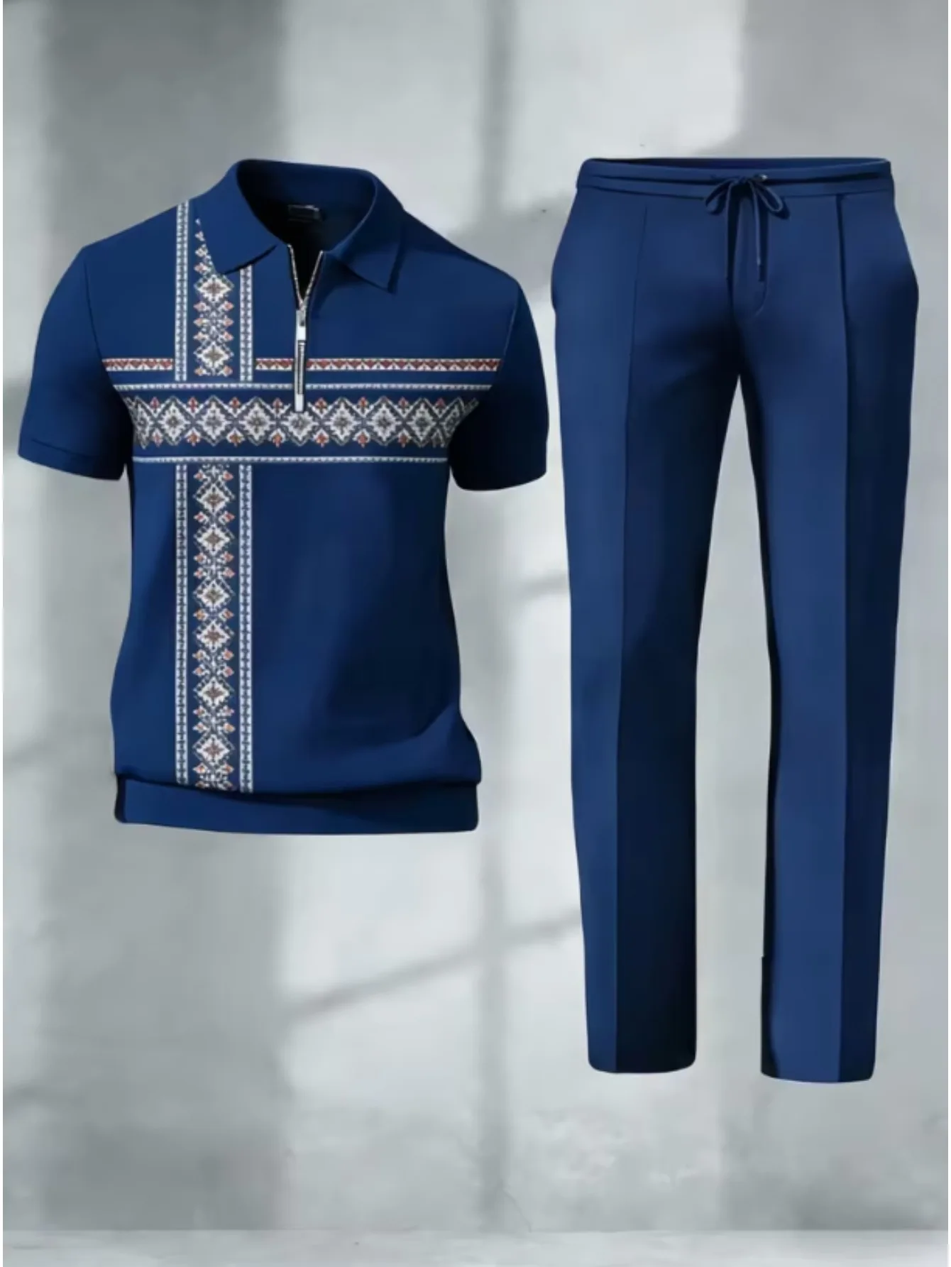 Only one top, pants not included-Men's half zip polo shirt,retro ethnic geometric print,outdoor casual vacation short sleeve