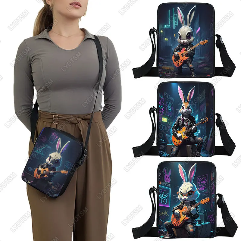 Rock Bunny Print Crossbody Bag Student Handbags Women Men Hip Hop Shoulder Bag Phone Holder Portable Storage Bags Gift