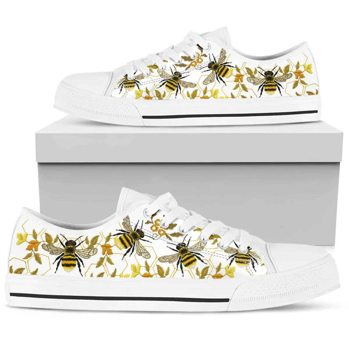 Zapatillas planas informales para mujer, zapatos bajos de lona con patrón de abeja, de talla grande a 45/46