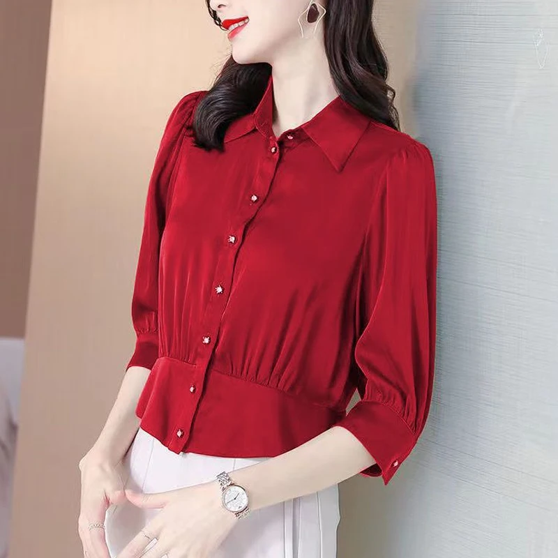 Summer New Polo Neck Plus Size Office Blouse 3/4 Sleeve Solid Slim Pleated Temperament Shirt Tops Elegant Fashion Women Clothing