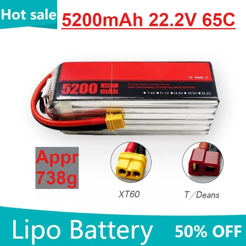 

5200mAh 6S 22.2V 65C Lipo Battery High Performance RC Drone Airplane FPV Racing Battery for UAV Models XT60/T Plug