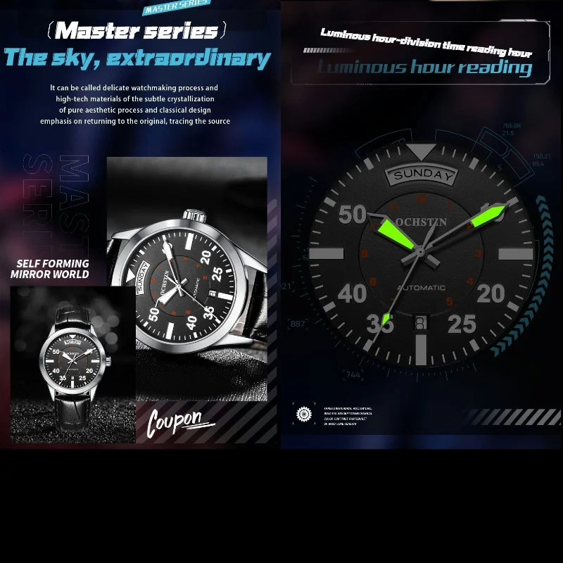 ساعة ميكانيكية أوتوماتيكية للرجال ، السلسلة الرئيسية ، 42 قرص مع اليوم والتاريخ ، يد مضيئة بالتقويم ، حزام جلدي ، 3ATM