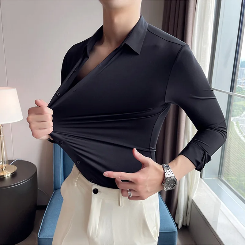 2023 New High Elasticity Seamless Men\'s Shirt Long Sleeve Slim Casual Shirt Solid Color Business Formal Dress Party Shirts M-4XL