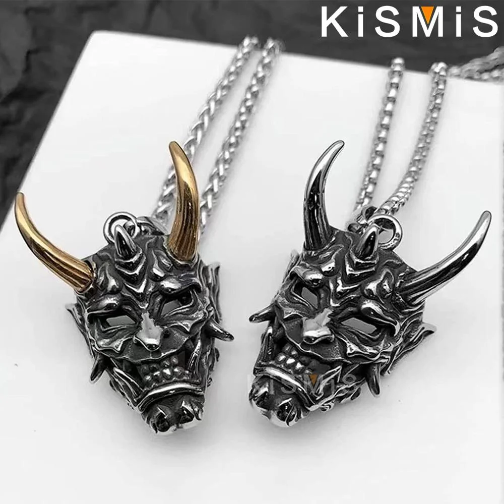 KISMIS 1PC Men's Evil Demon Horn Skull Pendant Necklace Vintage Gothic Punk Stainless Steel Jewelry image 3