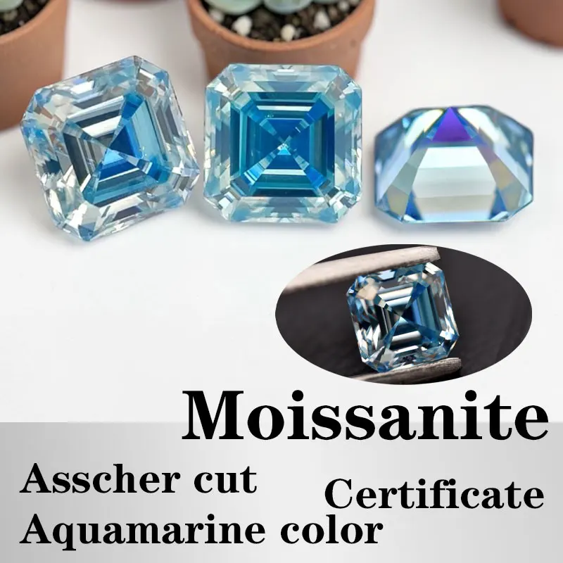 

Moissanite Square Shape Asscher Cut Aquamarine Color Certificate Artificial Gemstone VVS1 High Quality