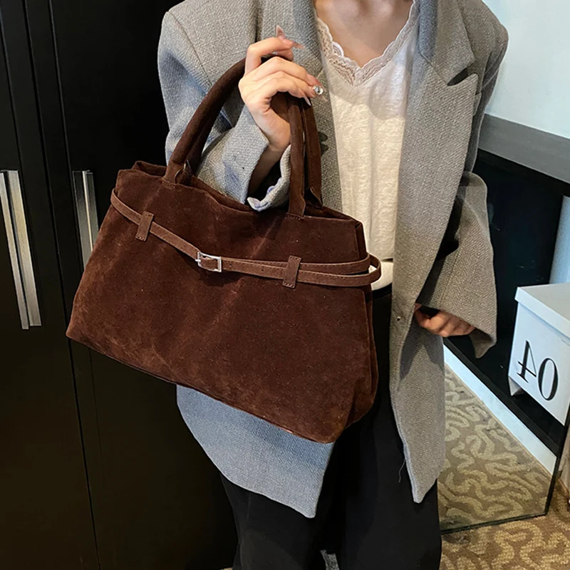 Schnalle Dekoratives Design Solide Faux Wildleder Handtasche Große Kapazität Haspe Casual Tote Heißer Verkauf Taschen für Frauen Bolsas Femininas – Detail 7