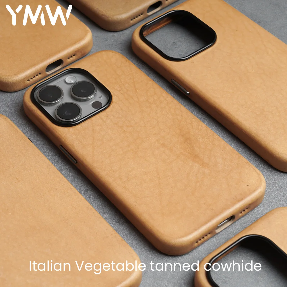 

YMW Italian Genuine Leather Case for iPhone 15 Pro Max Personality Vegetable Tanned Cowhide Magnetic Phone Cover