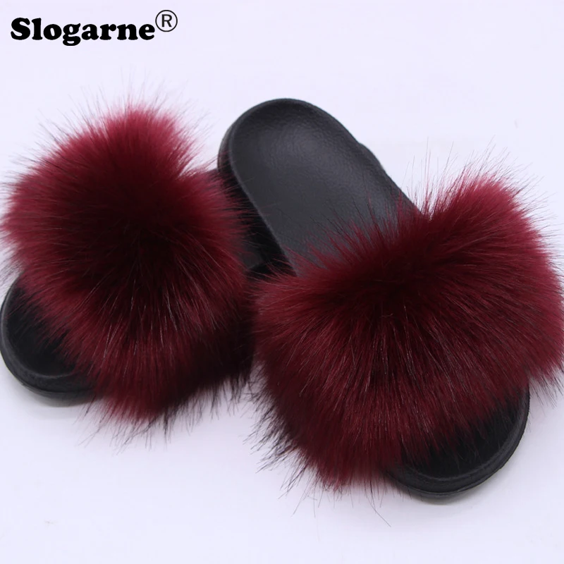 Fur Slippers Women 2024 Summer Faux Fox Fur Slippers Girls Luxury Cool Home Shoes Outdoor Sexy Furry Slides Sandals Flip Flops