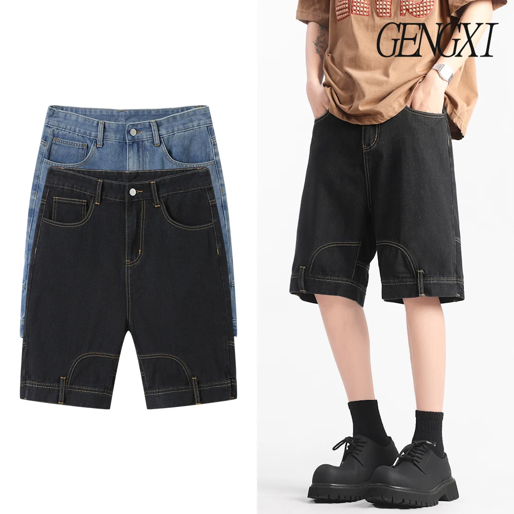 

Men's inverted pockets personalised design sense of denim shorts new straight casual shorts Korean version of the work trousers