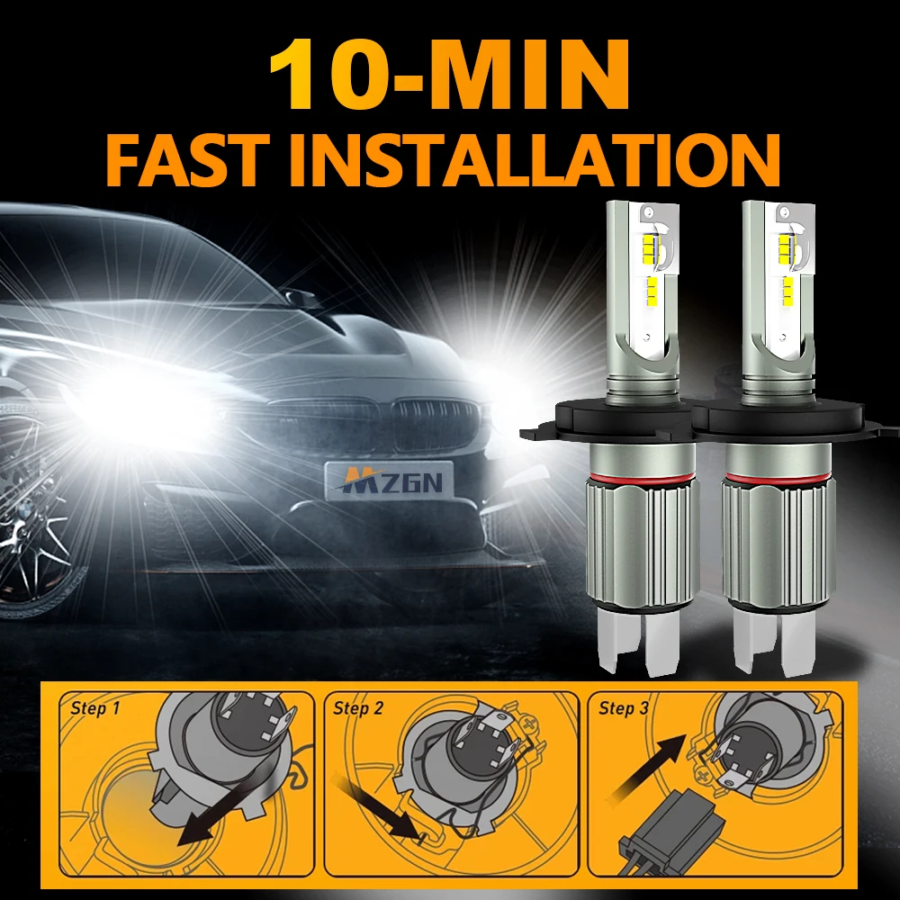 MZGN 2Pcs H4 Led Headlight Bulb 20000lm Super Brigh Halogen Size for 9003 Car Headlamp 12 Pcs CSP Chips 6500K White 12V