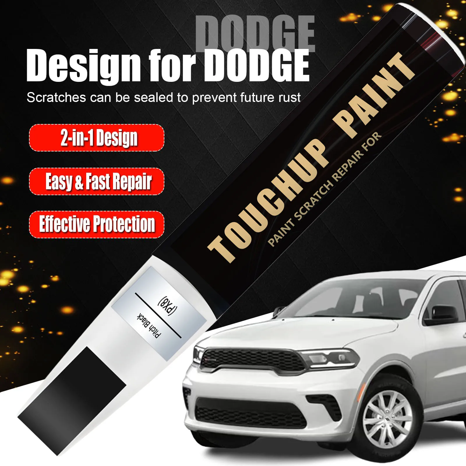 Car Touch Up Paint(Pitch Black/Black Clearcoat(PX8)) for Dodge Car Paint Scratch Repair Kit, Quick & Easy Solution to Repair
