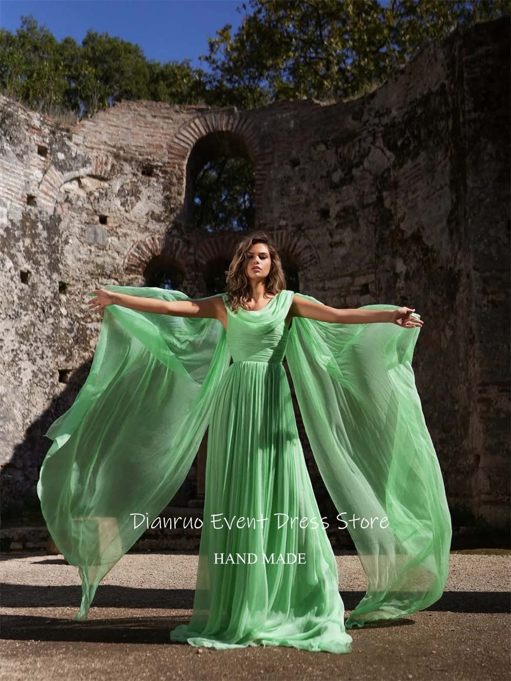 فساتين سهرة طويلة من الشيفون بطيات باللون الأخضر من Dianruo فساتين سهرة مكشكشة متدفقة على شكل حرف A من فيستدوس دي فيرانو مخصصة