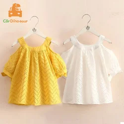 2025 Summer 2 3 4 5 6 7 8 10 Years Children Cotton Solid Color Hollow Out Wave Off Shoulder Strapless Kids Girl Blouse Shirt