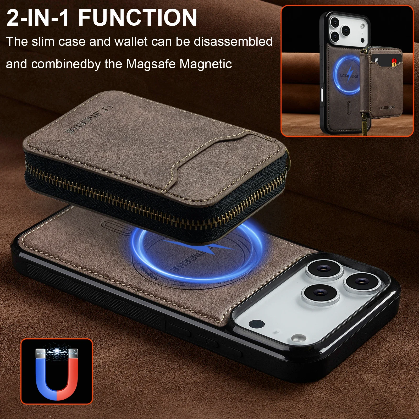 Abnehmbare magnetische Reißverschluss-Karten-Geldbörsen-Leder-Handyhülle für Apple IPhone 17 Pro Max Air 16 Plus 15 14 13 12 11 Pro Geldbörsenhülle