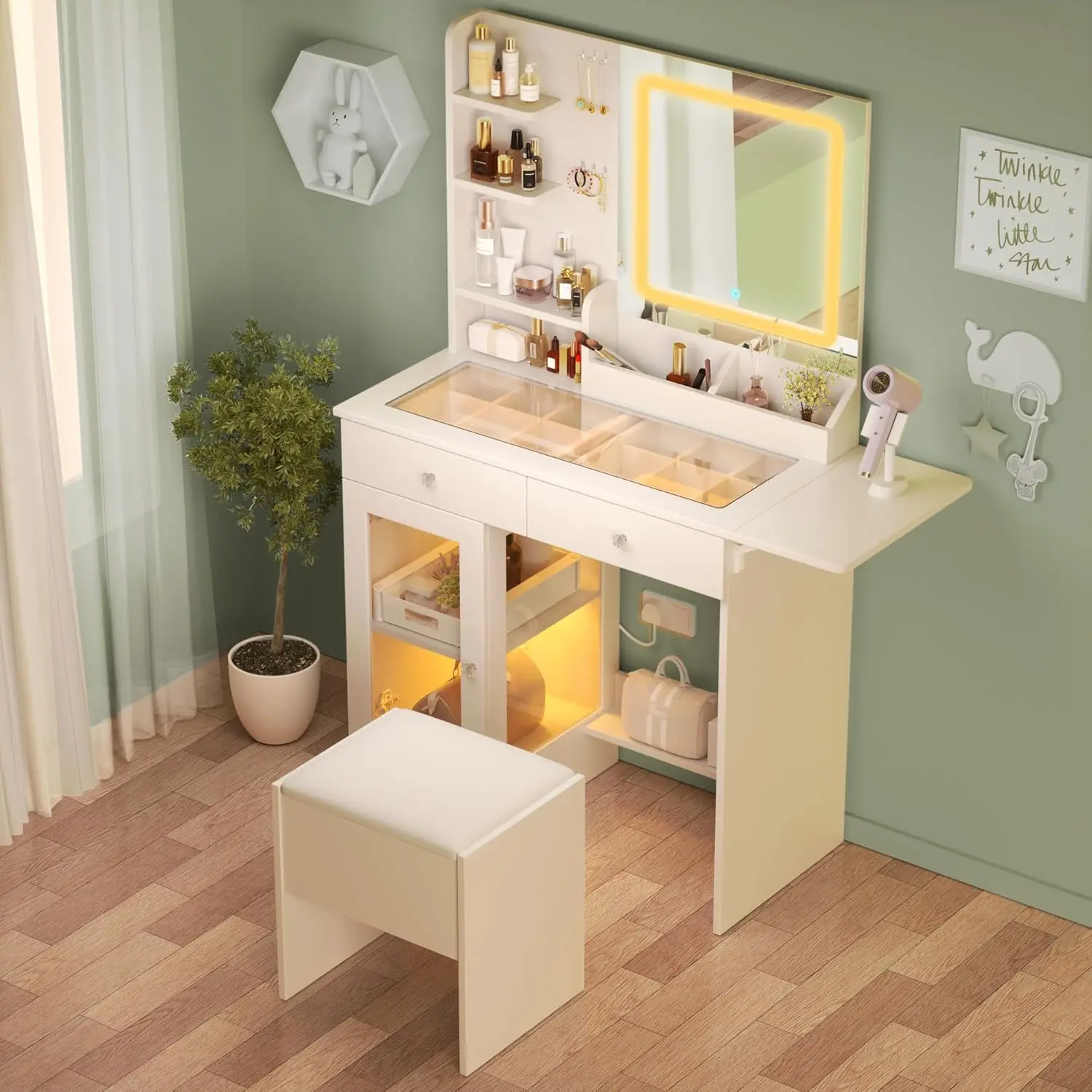 

Dressing Table with Mirror, Lamp and Chair, Women's Dressing Table with Power Strip, Dressing Table Set with Mirror in 3 Colors