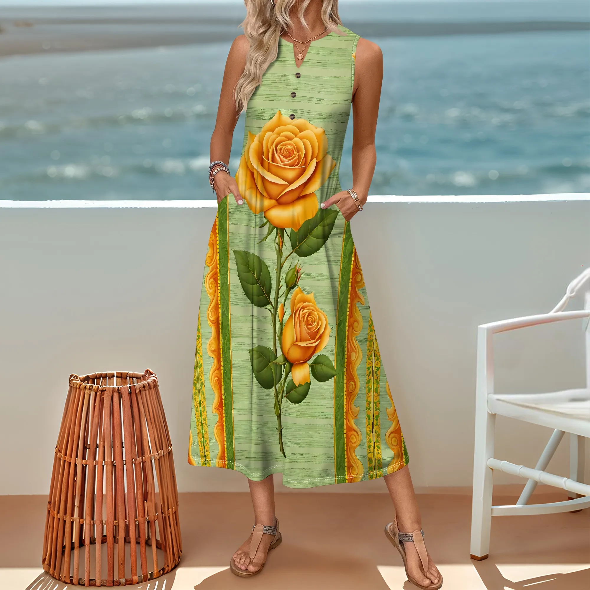 

Nupusa Green Yellow Rose Print Dress for Women Regular Size Casual Sleeveless Button Front Pocketed Midi Dress