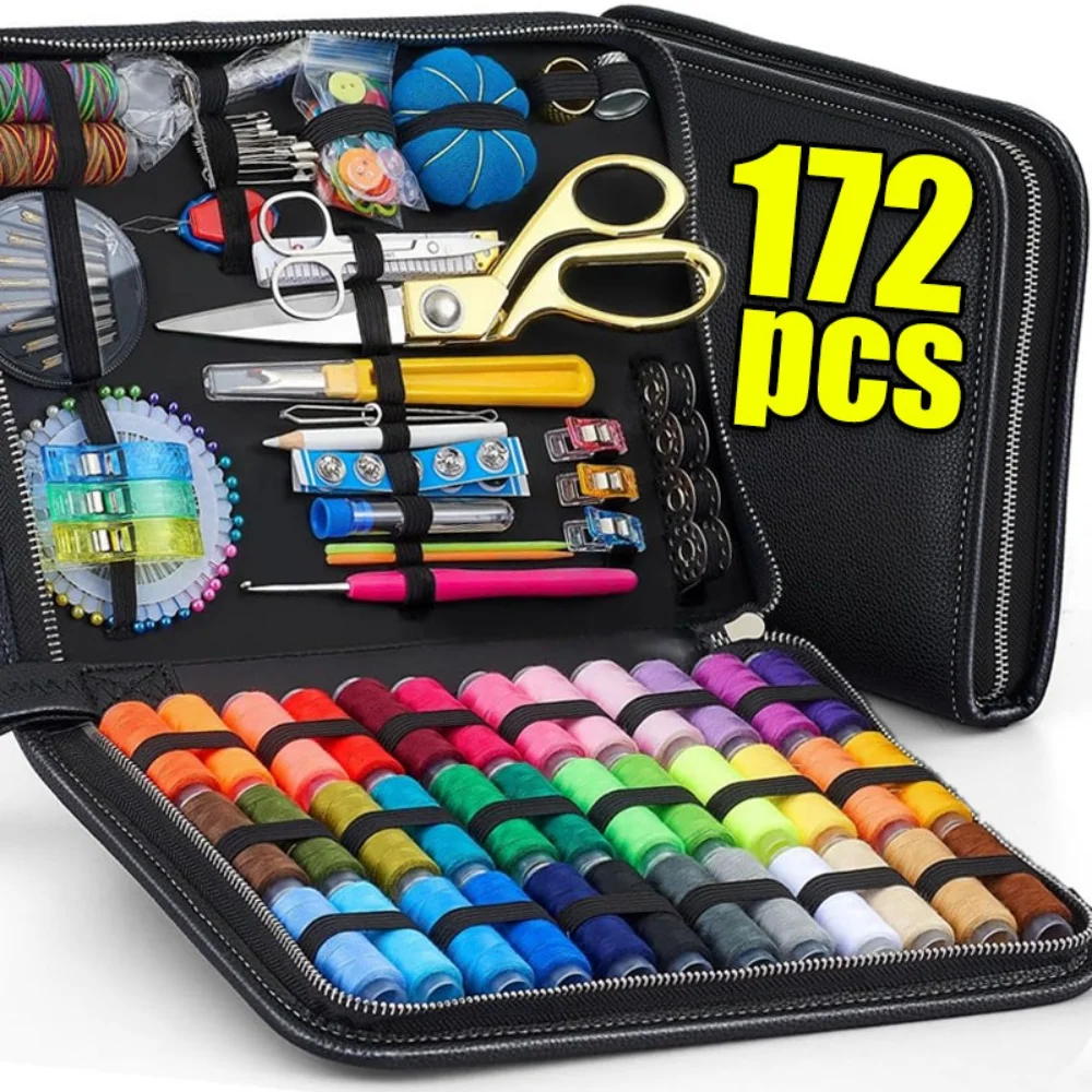 172/27pcs/set Sewing Kit with Threads Needles Scissors Tape Measure Buttons Storage Bag Portable Travel Sewing Box Tools