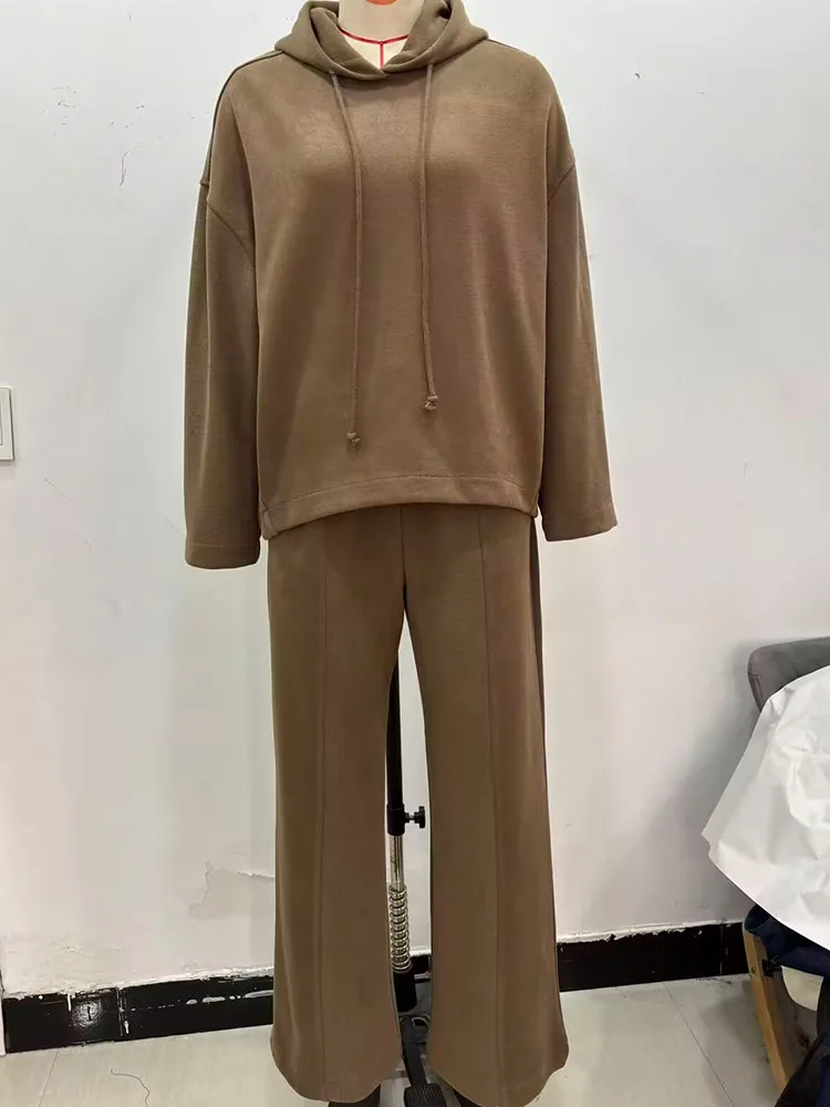 

HH Women Fashion Solid Soft 2 Piece Set Long Sleeved Elegant Warm Hoodie Sweater+High Street Casual Drawstring Wide Leg Pants