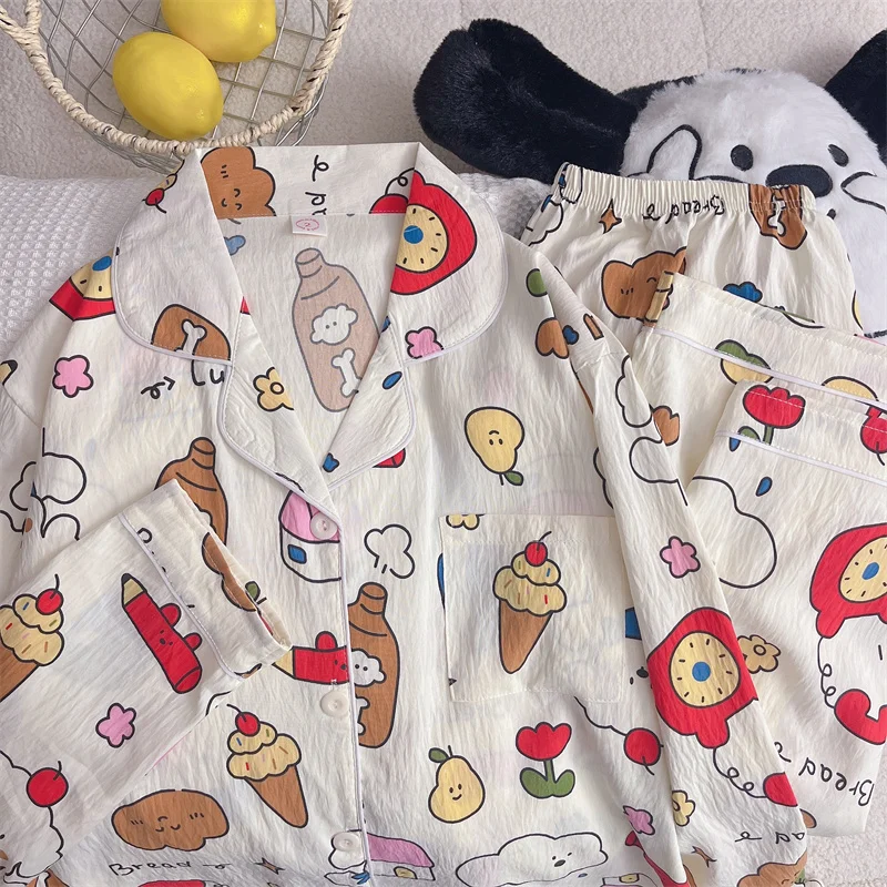 Cartoon Fun Cute Print Kawaii Fashion Pajamas Set for Women Y2K Fashion Harajuku Style Sleepwear New Spring Casual Home Wear