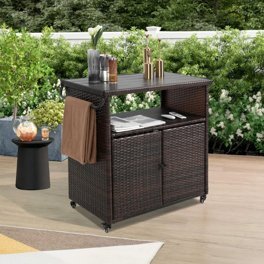 

Outdoor Wicker Bar Cart Patio Wine Serving Cart w Wheels Rolling Rattan Beverage Bar Counter Table w Glass Top for Porch Backya