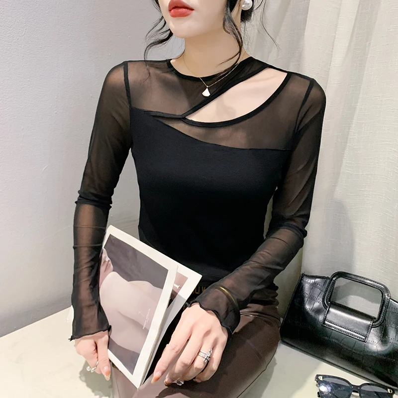 Autumn Winter Long Sleeve Bottoming shirt New Casual Mesh Tops Solid Color Round Neck Sexy Hollow out Black Women T Shirt