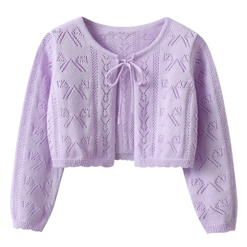 Ribbons and Bow Knot Knit Sweater for Girls Cotton Lightweight Summer Children's Cardigan Wrapcoat