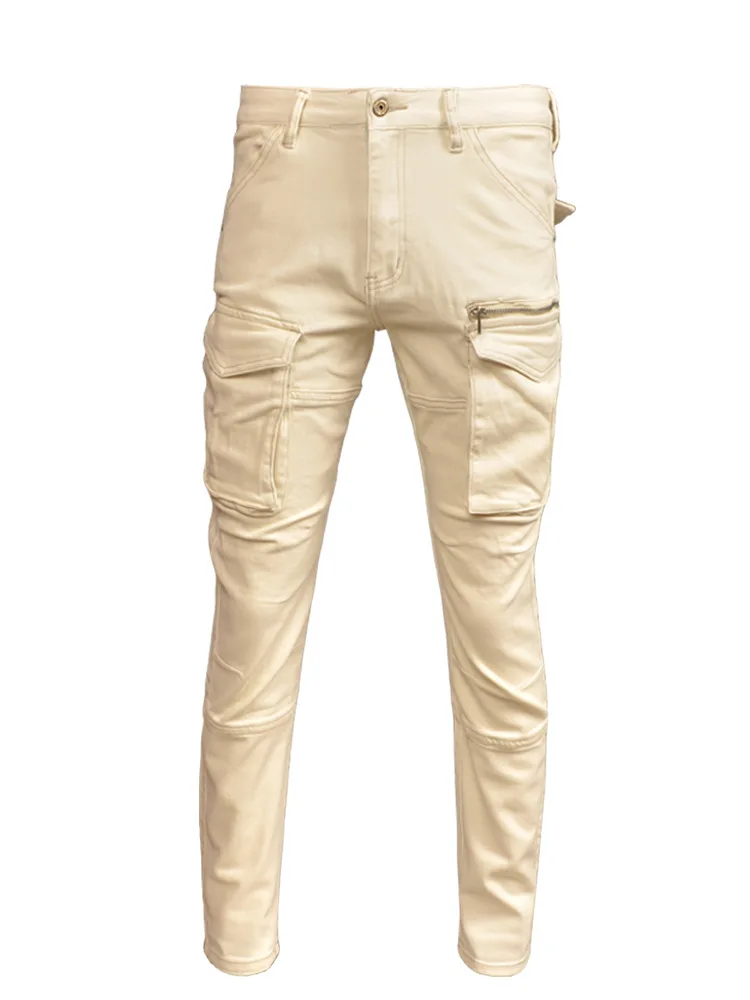 Beige Retro Patchwork Jeans Men's Multi-Pocket Design High-End Stretch Slim Street Leisure Cargo Motorcycle Pants