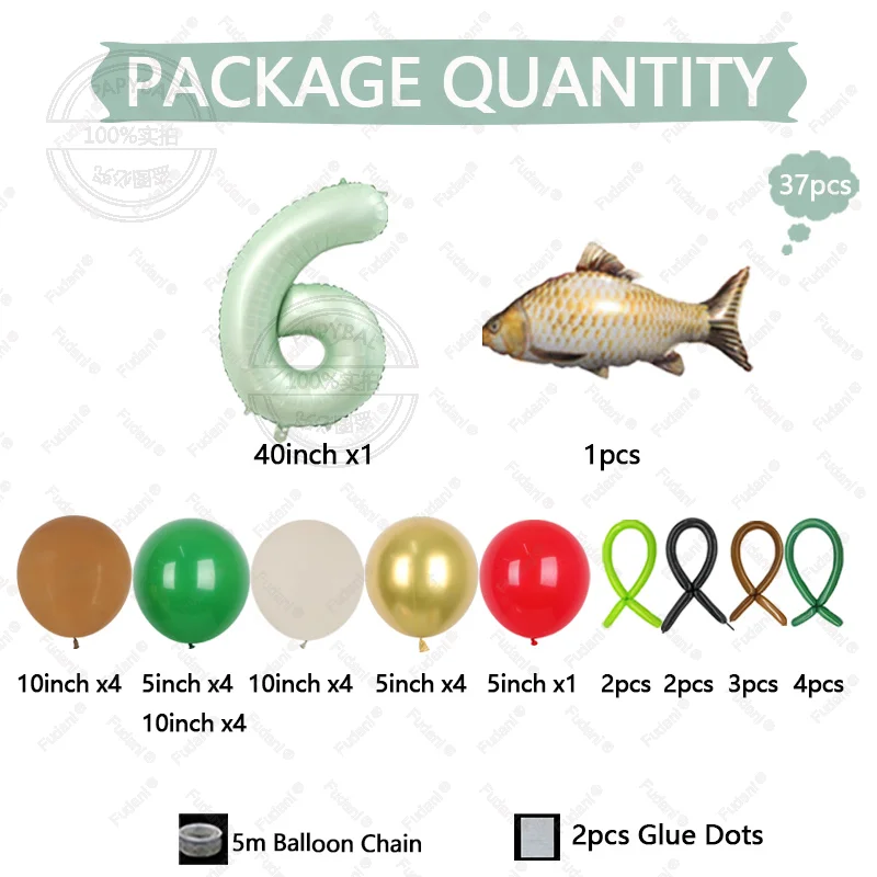 37-teiliges Simuliertes Karpfen-Ballon-Set 40 Zoll Olivgrüne Zahlen 1-9 Ballons Geburtstagsparty-Dekoration Angler-Themen-Party-Zubehör