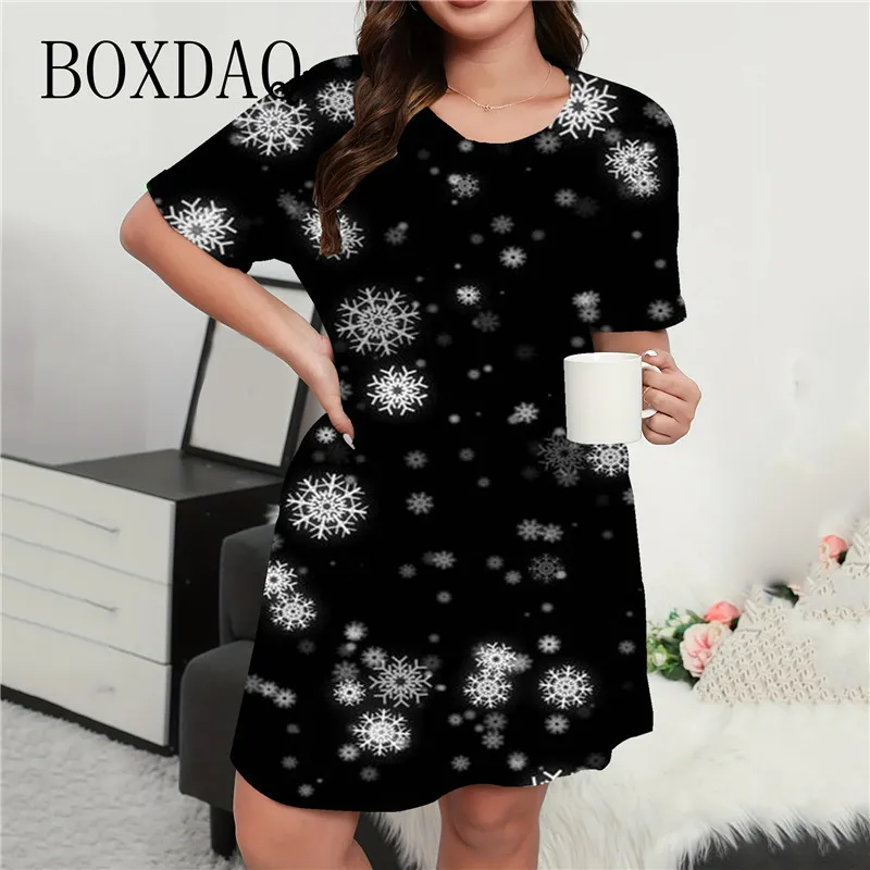 Shiny Stars Christmas Tree Print Dress Elegant Women Fashion Short Sleeve Loose A-Line Dress Plus Size Casual Party Mini Dresses