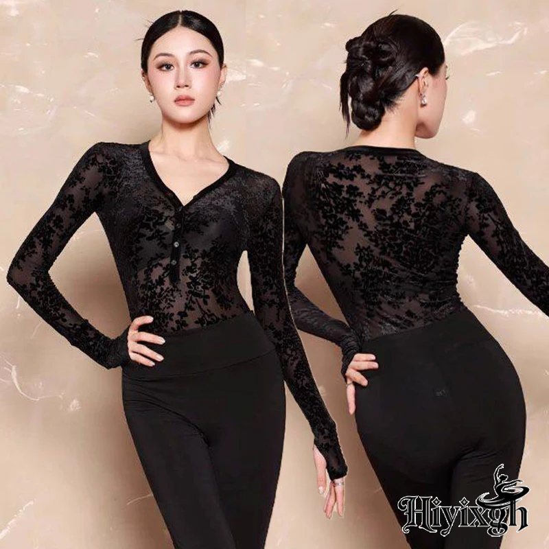 

Одежда для латинских танцев, топы с длинными рукавами, одежда для выступлений для взрослых, румба, самба, ча-ча, одежда для танцевальных тренировок, цельная одежда для женщин