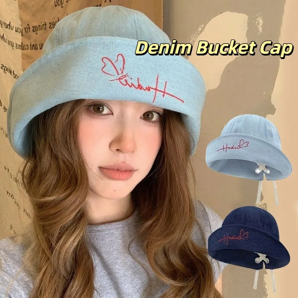 

Korean Style Denim Fishing Cap Large Brim Foldable Bow Tie Hat Face Slimming Fashionable Sun Protection Retro Bucket Hat