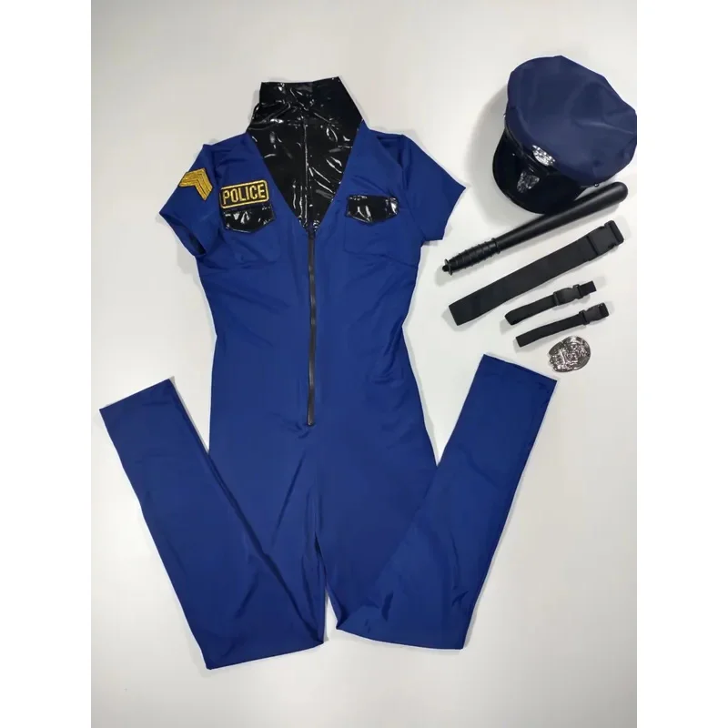 Female Police Officer Costume Cosplay Uniform Sexy Cop Jumpsuit Halloween Policewomen Fancy Party Dress