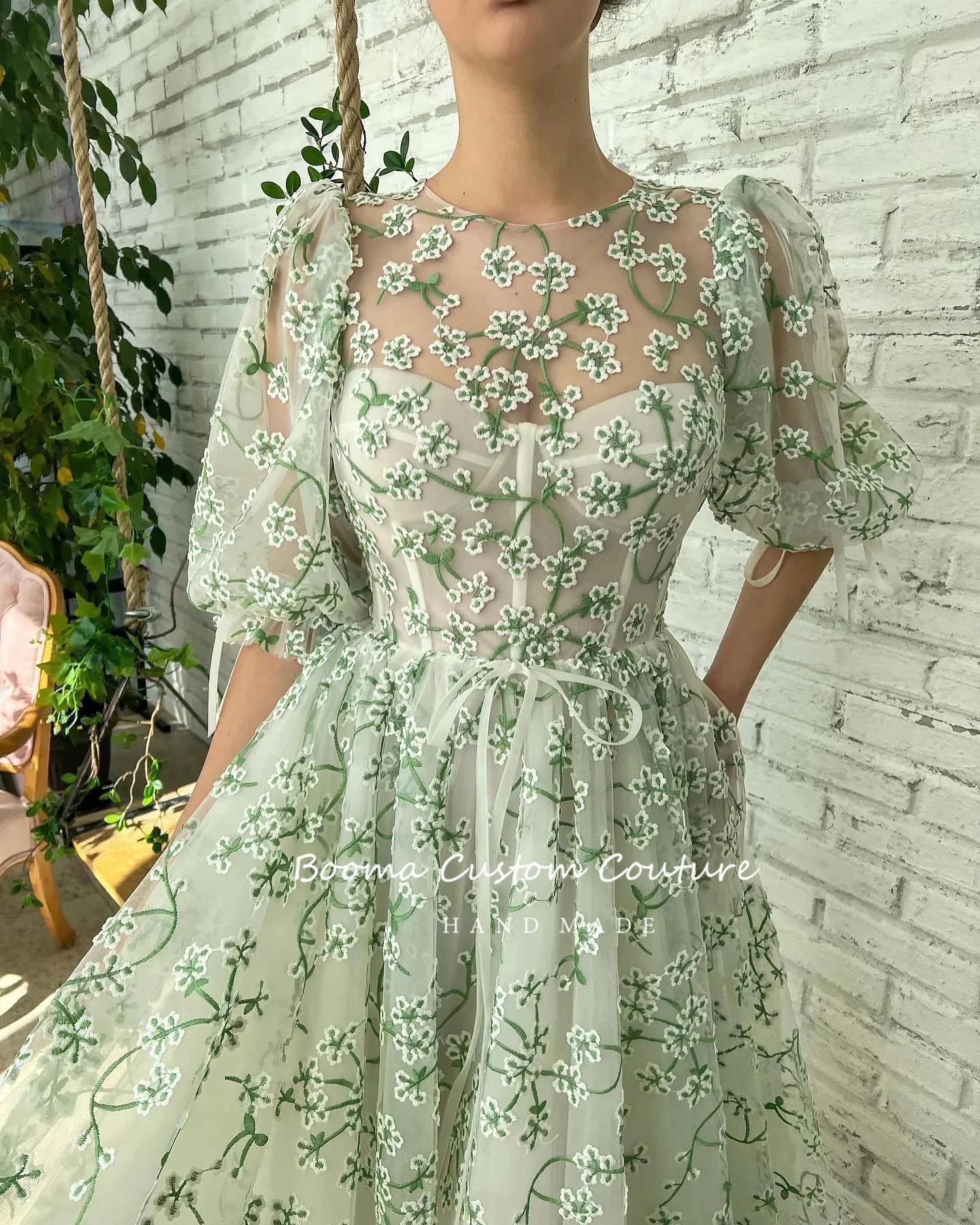 Booma Borduren Lace Midi Prom Dresses Sheer Hals Half Mouwen A-lijn Wedding Party Jurken Thee-Lengte Formele Avondjurken