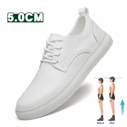 Men's Genuine Leather Lift Sneakers Elevator Shoes Black Height Increasing Sports Men Flat/5cm White Casual Shoes Mocassins
