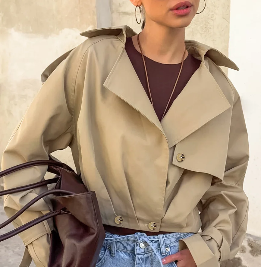 Autumn New Khaki Double Breasted Suit Collar Windbreaker Jacket, Women's Fashionable High Street Loose Windbreaker Short Jacket