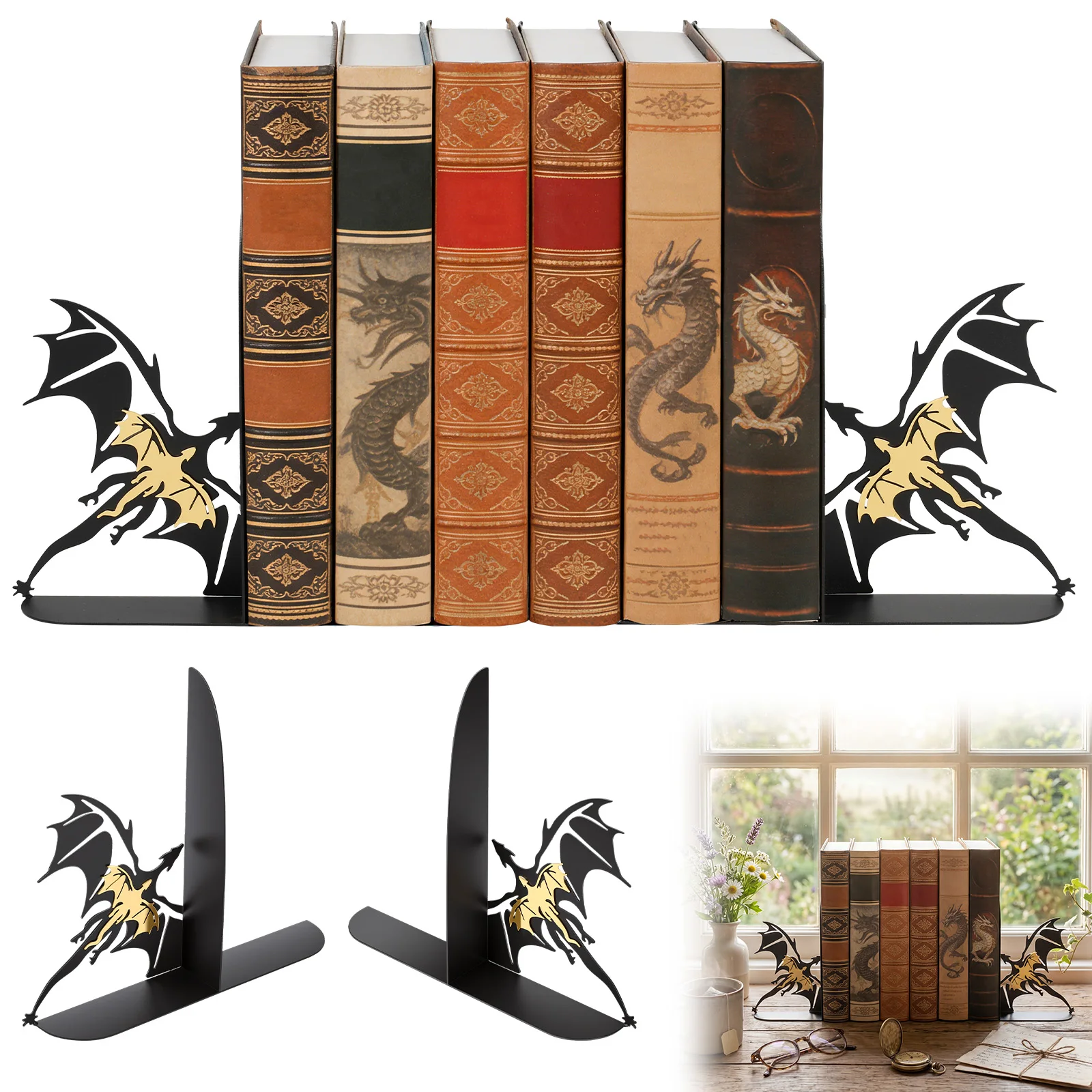 

1 Pair of Metal Dragon Bookend Stable Load Bearing Fantasy Dragon Holders Rustproof Dragon Book Stoppers for Desktop Shelf Decor