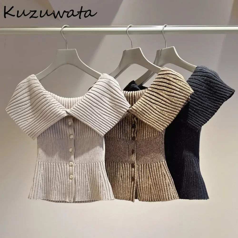 Kuzuwata New Moda Big Turn-down Collar Sleeveless Cardigan Off Shoulder Slim Fit Single Breasted Jumper Japan Knit All-match Top