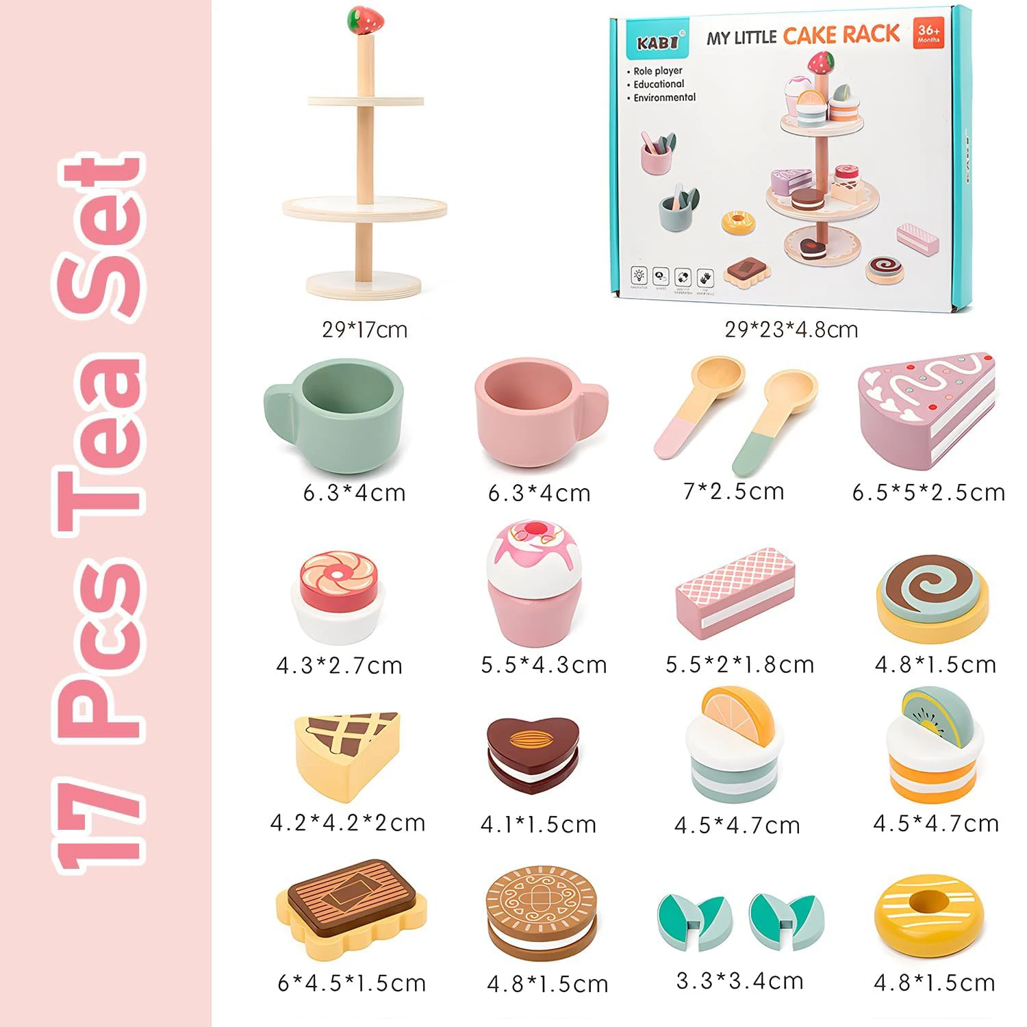 ชุดน้ำชาพร้อมขาตั้งขนมหวาน ของเล่นไม้ ชุดของเล่นทำอาหารเสมือนจริง อุปกรณ์ครัวสำหรับเด็กเล็ก ชุดน้ำชา ของขวัญวันเกิด