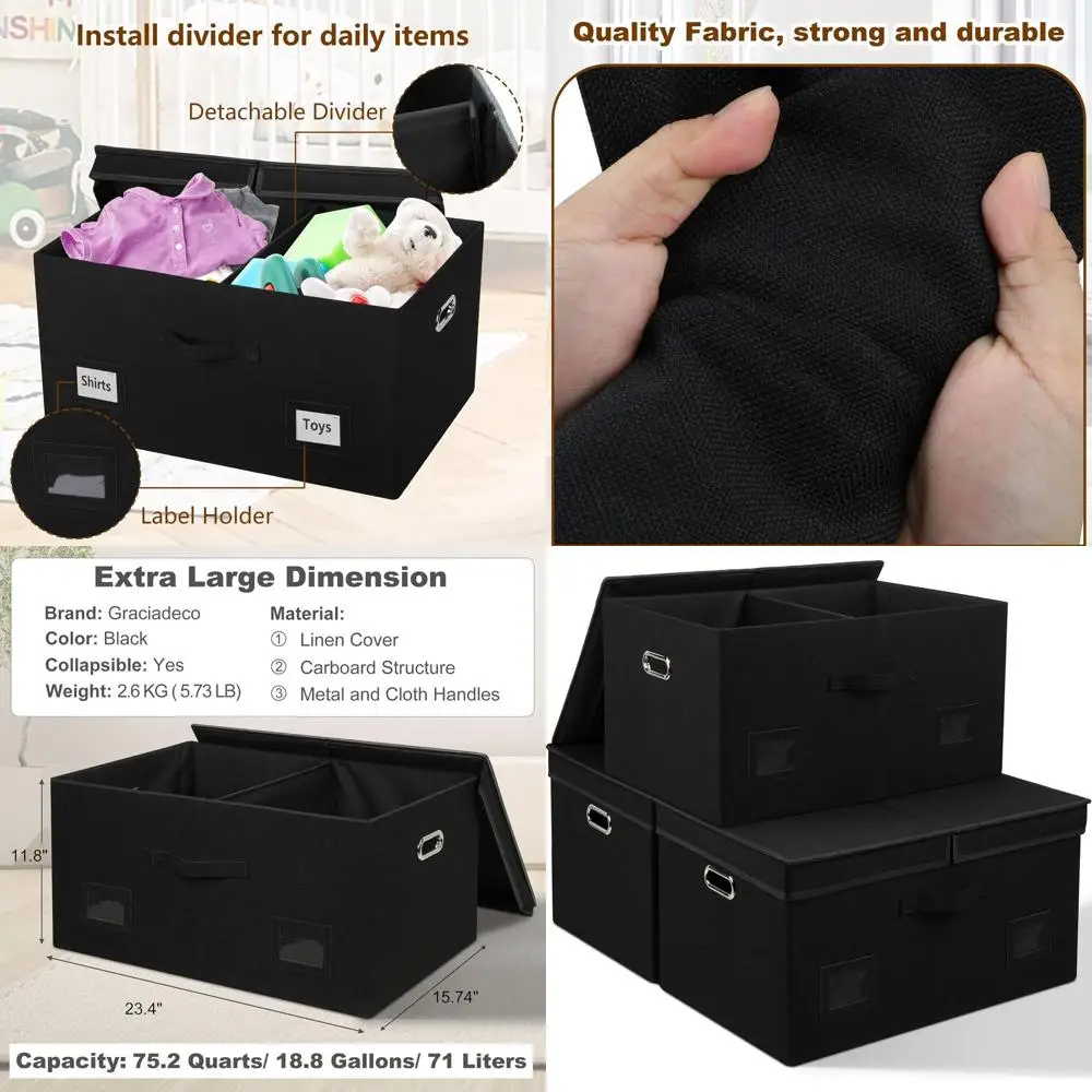 

Большие складные контейнеры для хранения с крышками, набор из 3 предметов, штабелируемые декоративные коробки для дополнительного хранения черного цвета