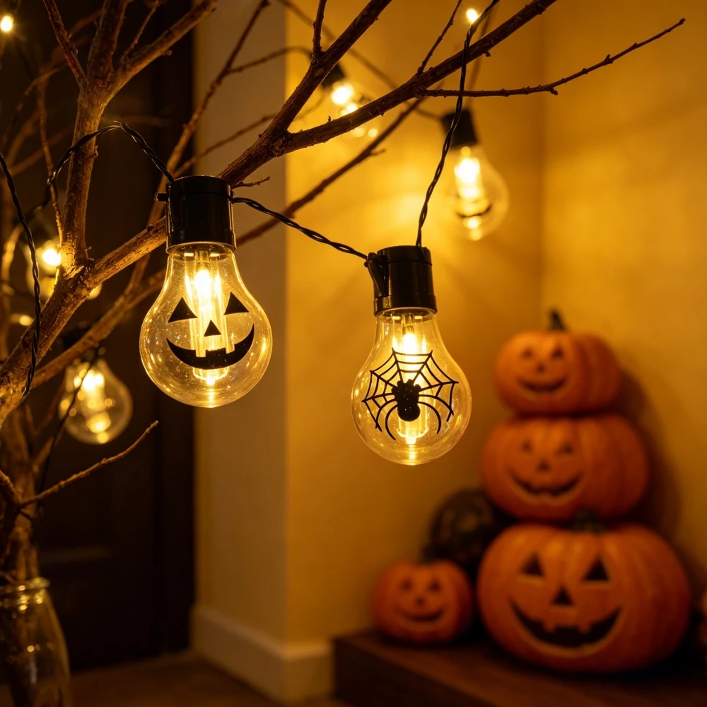 1PC 5M/8M Solar Halloween String Lights, Spider Web Ghost Face Light Bulb Shaped Lights, Used For Holiday Courtyard Decoration