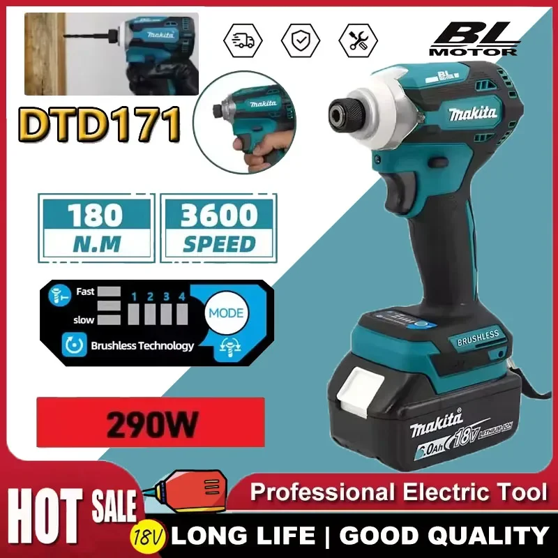 

Аккумуляторный ударный шуруповерт Makita DTD171 с бесщеточным двигателем, 18В, без АКБ и ЗУ, только инструмент
