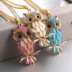 Women's Fashion Alloy Opal Neck Choke Retro Owl Crystal Set Pendant Necklace Women's Long Sweater Necklace Accessories