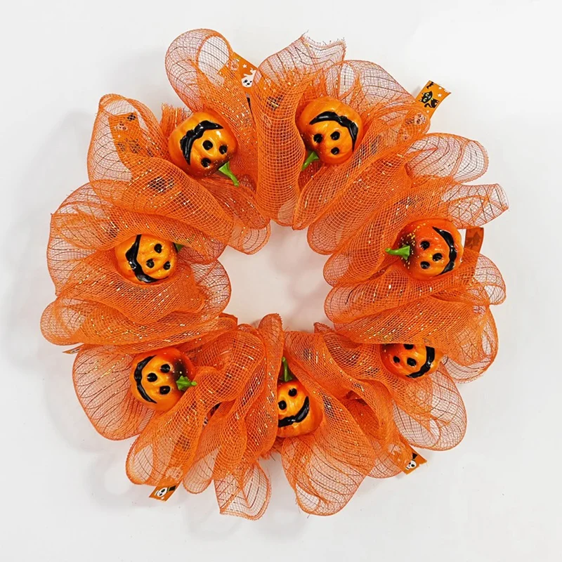 Couronne de Porte d'Halloween Artificielle d'Automne, Citrouille Noire et Orange, Tissu en Maille, Guirxiété pour Décoration Intérieure et Extérieure