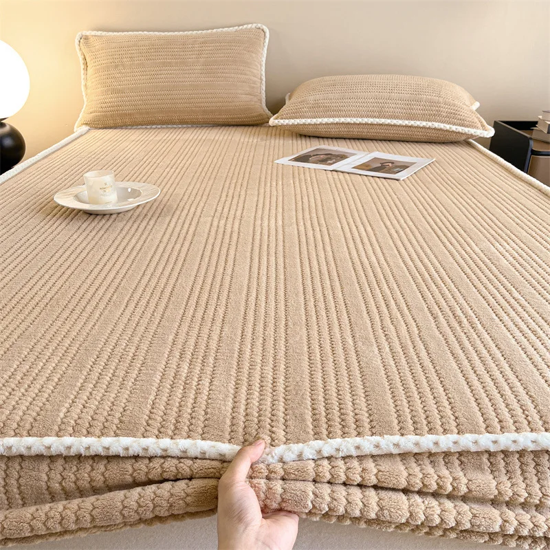 

Milk Fleece Mattress Cover Warm Solid Color Coral Fleece Fitted Sheet Dustproof Inclusive Protective Bed Cover for Simmons Queen