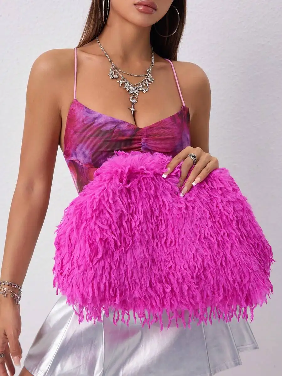 

Fuzzy Pink Plush Clutch Bag for Women, Evening Party Handbag with Large Capacity