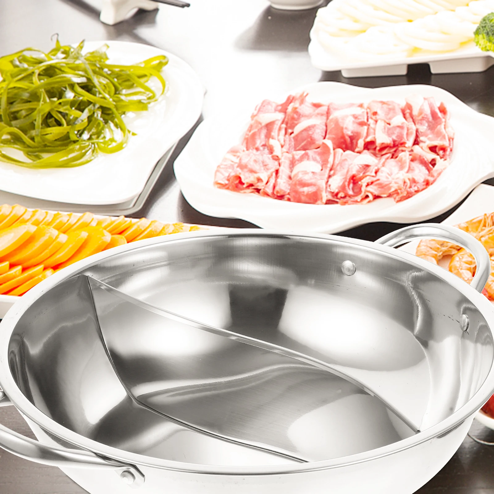 

1pc Divided Hot Pot 304 Stainless Steel Soup Pan 28cm Electromagnetic Gas Stove Kitchen Supply Reusable Easy Clean Two Flavor