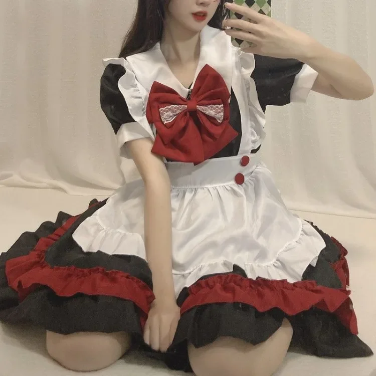 Nero rosso Lolita Cos vestito per le donne Harajuku dolce scollo a v fiocco pantaloncini manica abiti Y2k E-Girl vita alta abiti Mujer