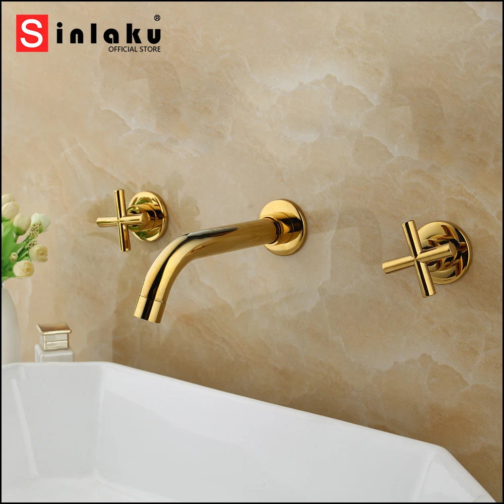 SINLAKU Golden Plated Bathtub Basin Tap Solid Brass Bathroom Mixer Faucet 3 Pcs Dual Handles Wash Tub Faucets Hot And Cold Water