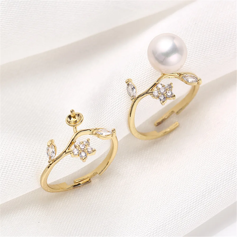 Domestic 14k Gold Color Retaining Ring with Micro Inlaid Zircon Flower Pearl DIY Accessories Wholesale Fit 7-9mm