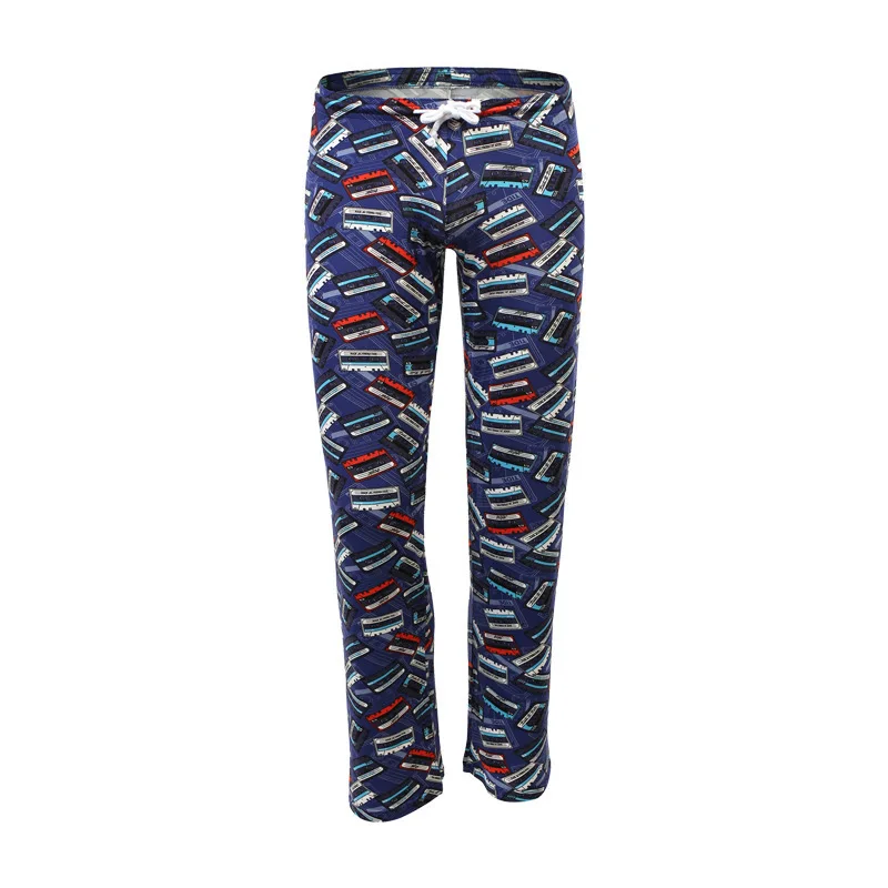 Men Vintage Cassette Tape Print Casual Pants Thin Loose Mid Waist Drawstring Sleep Lounge Pants